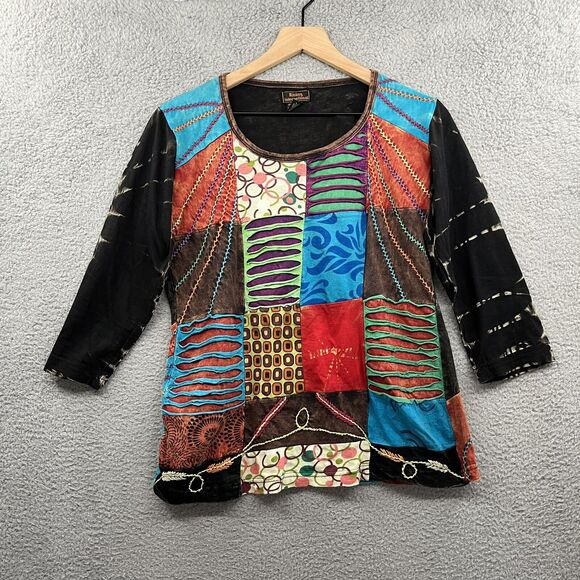 Rising International Top Medium Patchwork 3/4 Sleeve Shirt Bleached Colorful - Picture 1 of 9
